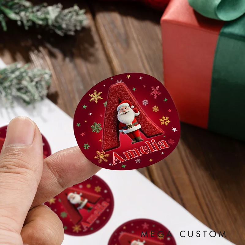 Personalized Cartoon Santa Claus Initial Waterproof Stickers with Name Gift Decor Christmas Party Favor for Friends Family