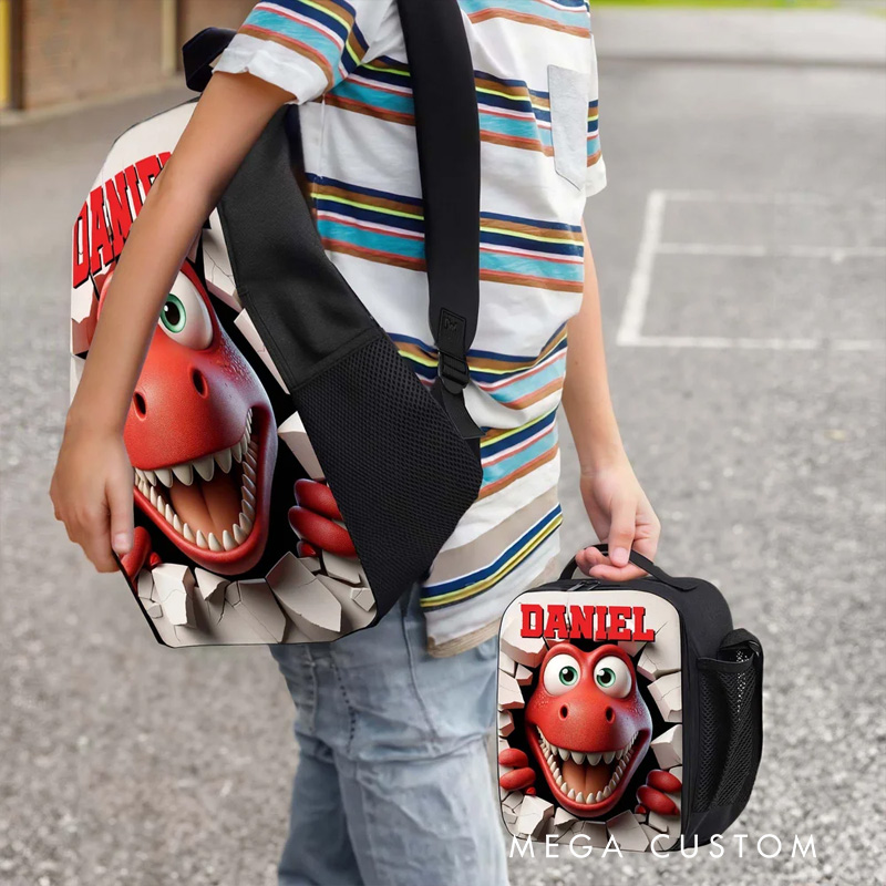 Personalized Cute 3D Cartoon Dinosaur Backpack Lunch Bag Pencil Case Set with Name Back to School Birthday Gift for Boys Girls