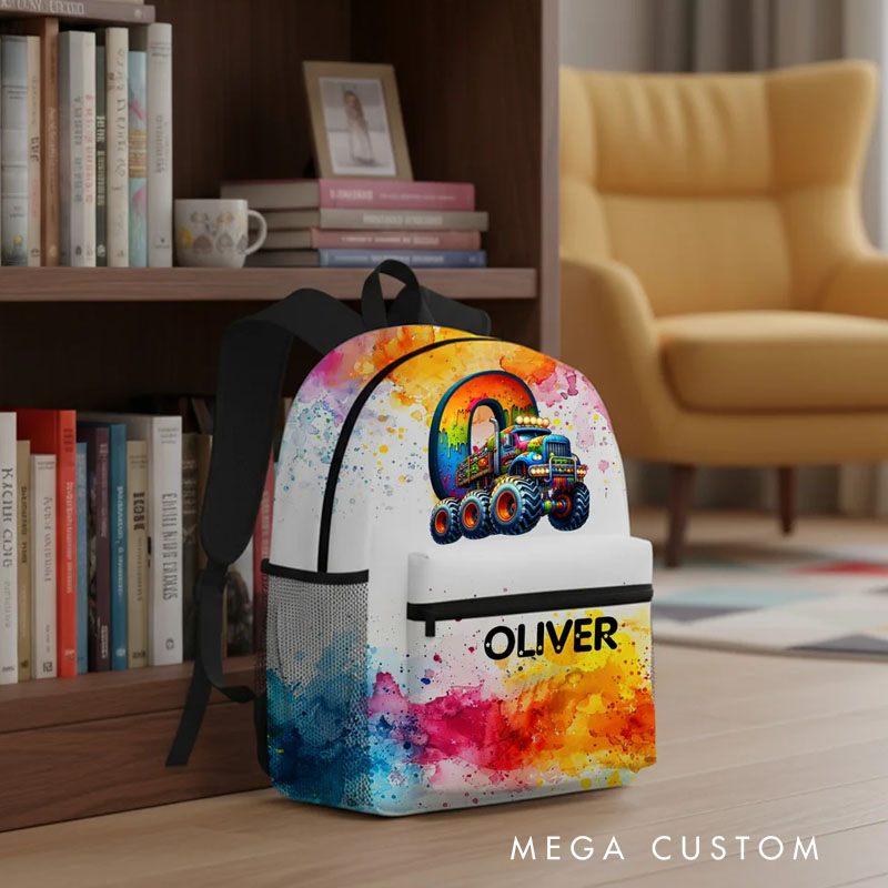 Personalized Watercolor Truck Initial Large Capacity Backpack with Name Back to School Birthday Christmas Gift for Boys Truck Lovers