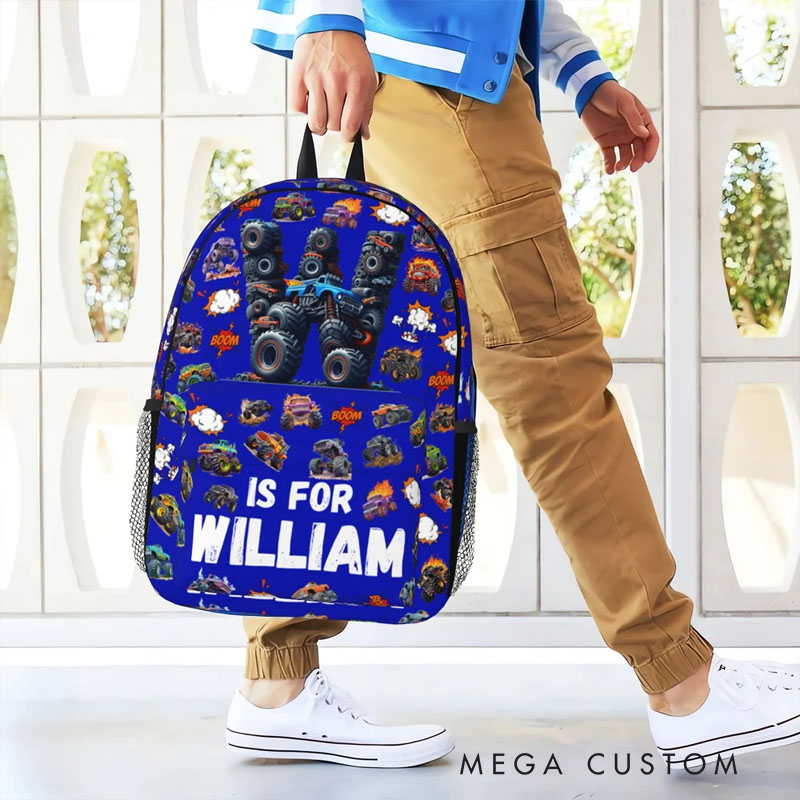 Personalized Big Wheel Off-Road Truck Initial Large Kid Backpack with Name and Side Pockets Daily Use Back to School Birthday Gift for Kids