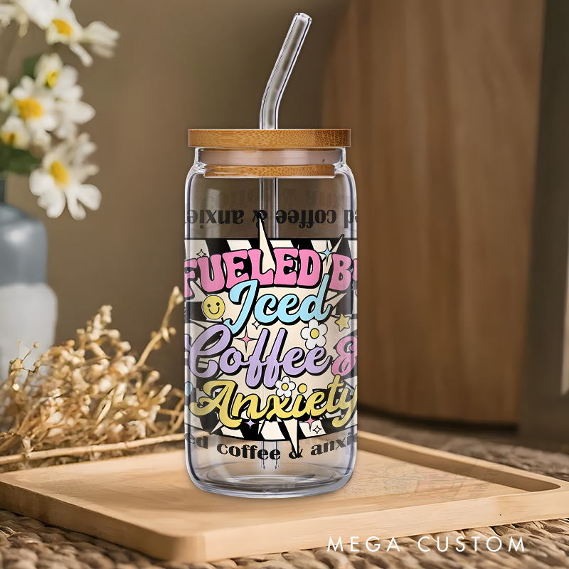 Personalized Fueled by Coffee and Anxiety Colorful Engraved Glass for Humor and Daily Motivation Unique Glasse Cup