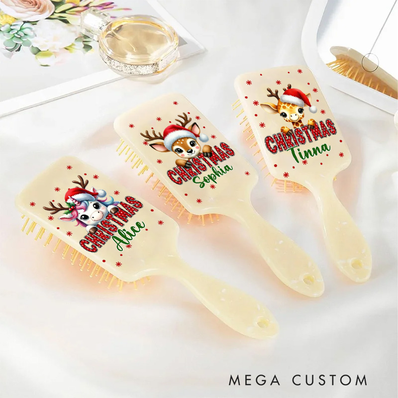 Personalized Reindeer Hair Brush with Custom Name and Festive Christmas Design for Kids and Holiday Cheer Hair Brush
