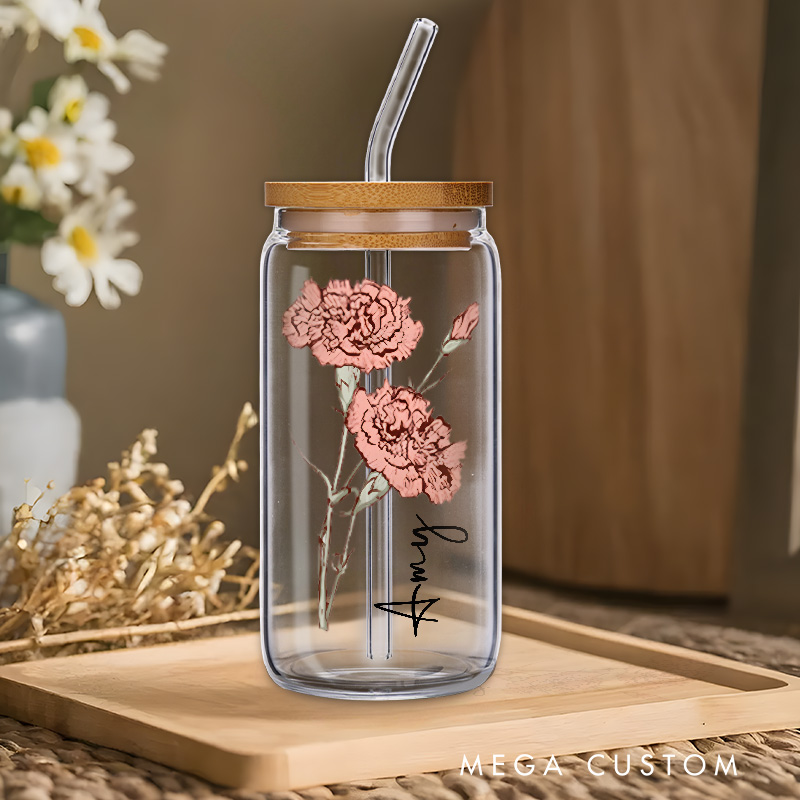 Personalized Birthday Flower Engraved Name Glass for Delicate and Feminine Aesthetic Beautiful Glasse Cup