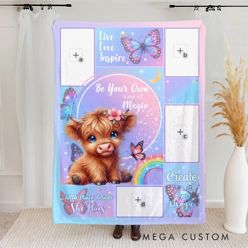 Personalized Floral Highland Cow Butterfly Soft Throw Blanket with Name and Photos Home Decor Baby Shower Birthday Gift for Girls