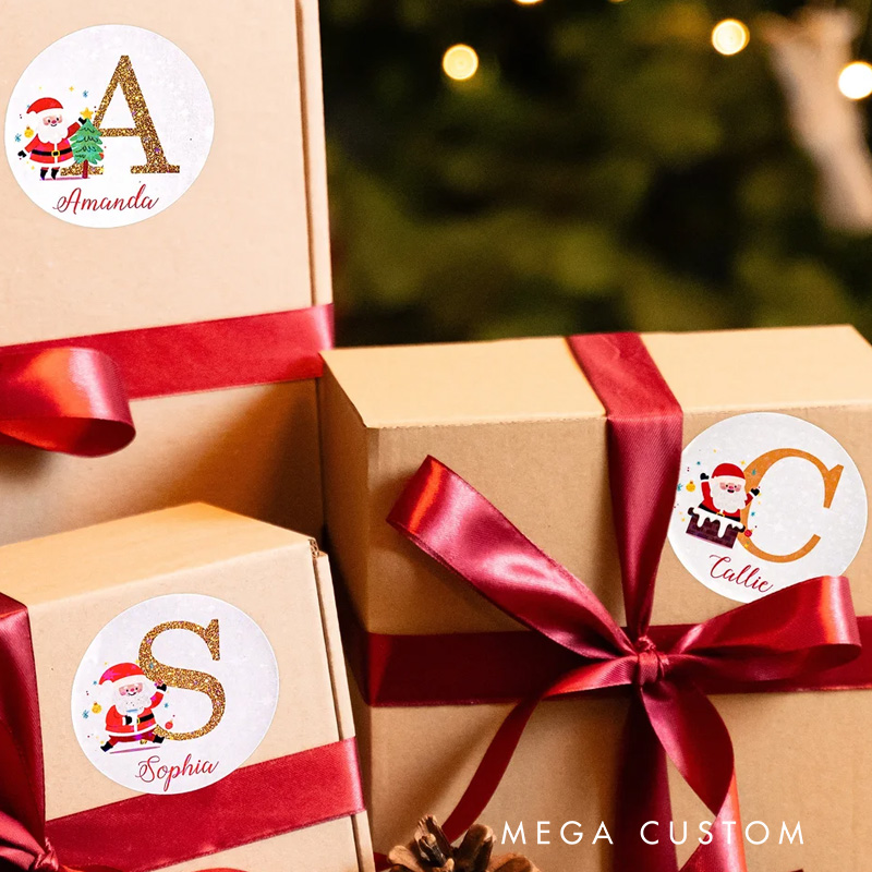 Personalized Santa Claus Initial Glitter Waterproof Stickers Labels with Name Gift Decor Christmas Party Favors for Family Friends