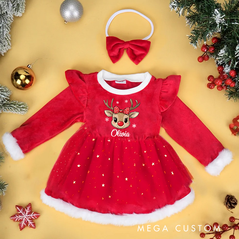 Personalized Baby Reindeer Name Custom Holiday Outfit Cute Festive Christmas Party Wear Adorable Winter Celebration Red Tutu Dress
