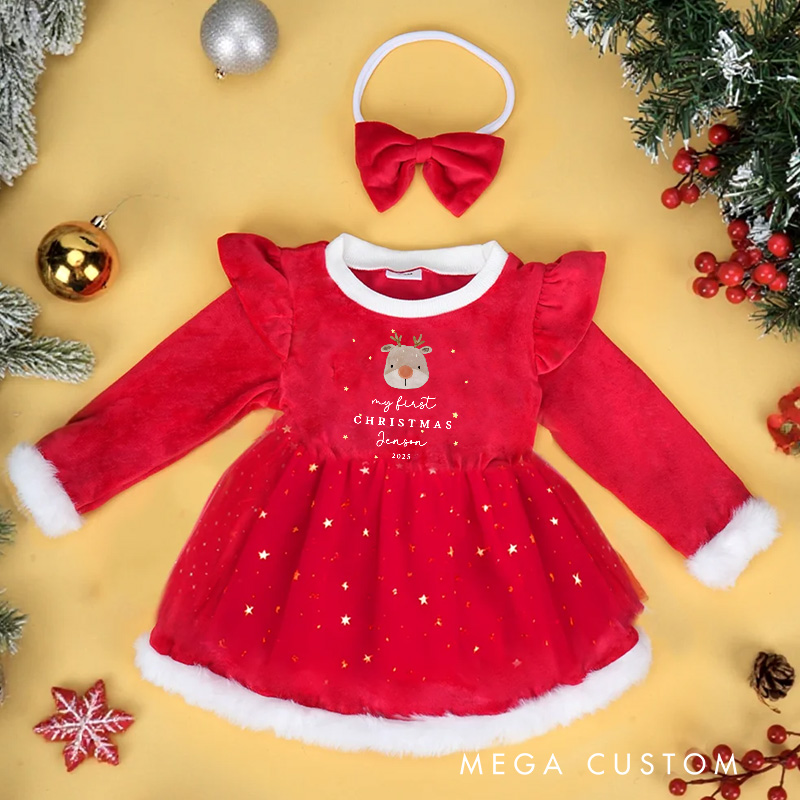 Personalized Baby Girl First Christmas Outfit Custom Name Cute Reindeer Santa Style Holiday Party Adorable Winter Red Tutu Dress