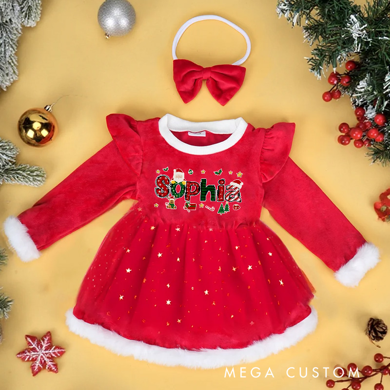 Personalized Baby Girl Name Custom Holiday Outfit Merry Christmas Cute Santa Style Festive Party Adorable Winter Celebration Red Tutu Dress