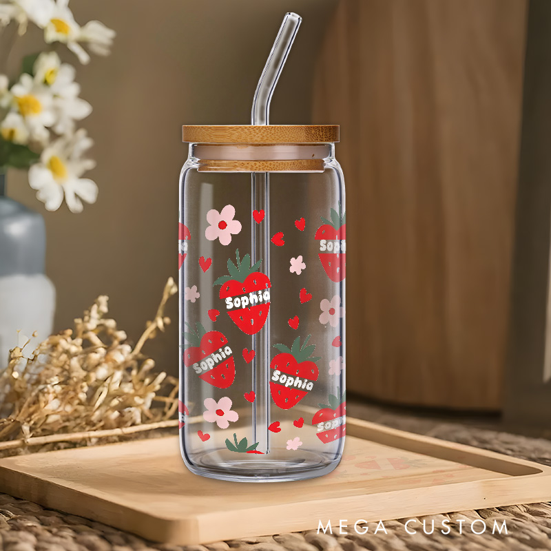 Personalized Strawberry and Flower Pattern Engraved Glass for Cute and Playful Design Adorable Glasse Cup