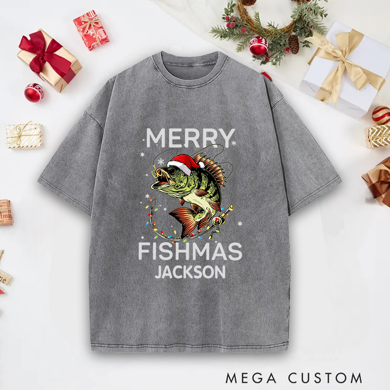 Personalized Fishing T-Shirt Merry Fishmas T-Shirt Funny Fishing Sweatshirt Christmas Gifts Ideal Gift for Fishing Lovers