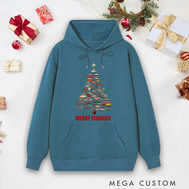Personalized Fishing Christmas Tree Hoodie Fishing Lure Christmas Tree Hoodie Christmas Tree Sweatshirt Cozy Holiday Gift for Anglers