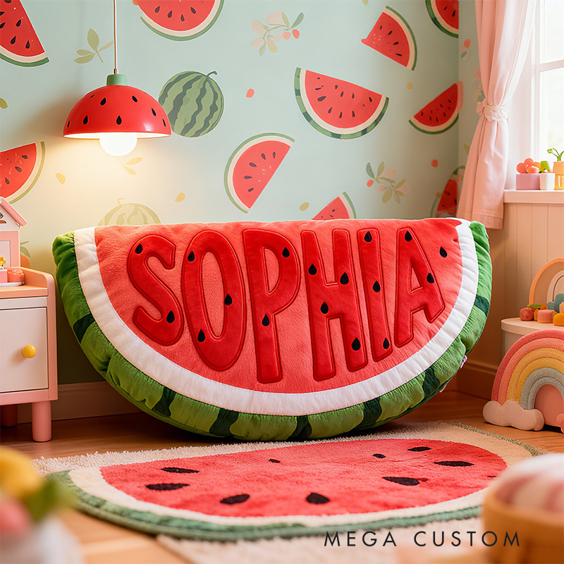 Personalized Watermelon Slice Shape Custom Name Soft Decorative Gift Fun Summer Fruit Style Cozy Kids Room Bright Graphic 3D Print Pillow