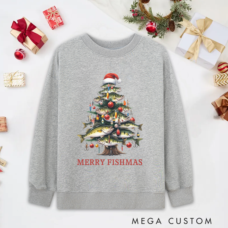 Personalized Festive Fish Tree Bass Sweatshirt Fisherman Christmas Tree Sweatshirt Cozy Funny Fishing Gift Holiday Gift for Fishing Enthusiasts