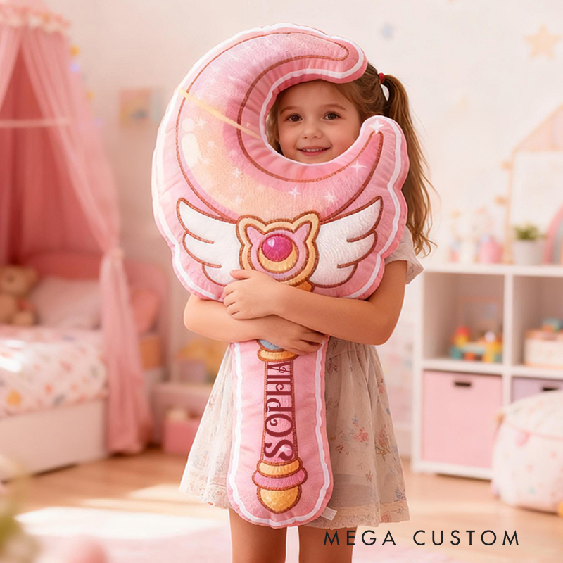Personalized Magical Wand Moon Shape Custom Name Soft Decorative Gift Fantasy Princess Style Cozy Girls Room Dreamy Pink Graphic 3D Print Pillow