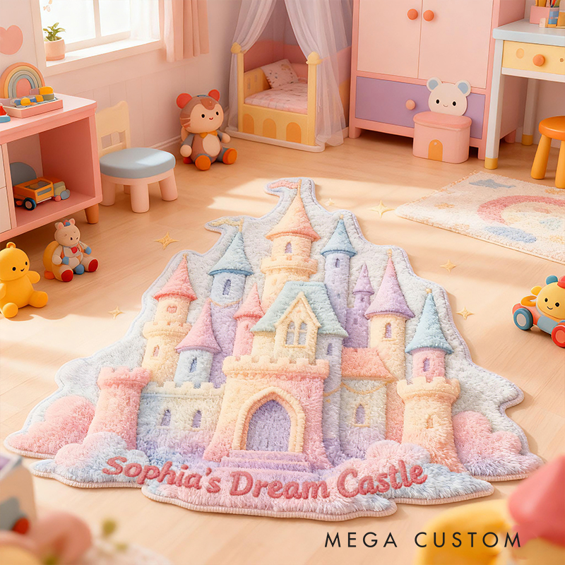 Personalized Dream Castle Shape Custom Name Soft Decorative Gift Fairytale Princess Style Cozy Nursery Room Rainbow Magic Fantasy Doormats