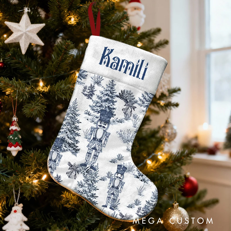 Personalized Toile De Jouy Santa Claus Reindeer Nutcracker Christmas Stocking with Name Home Decor Christmas Gift for Kids Family Friends