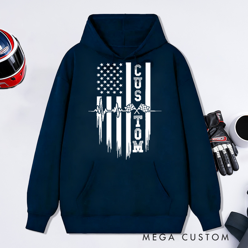 Personalized Racing Hoodie Custom Text Heartbeat Checkered Flag American Flag Sweatshirt for Car Lovers