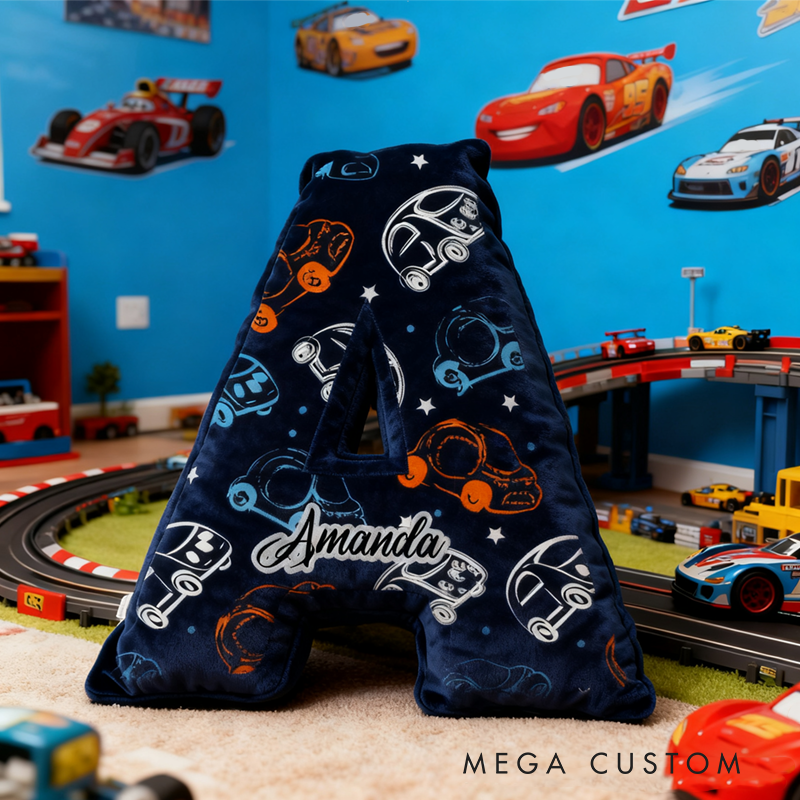 Personalized Cartoon Vehicle Themed Initial Pillow with Custom Name Gift for Kids and Vehicle Enthusiasts