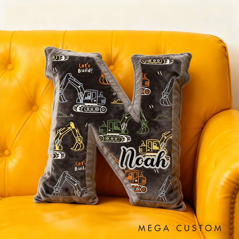 Personalized Construction Vehicle Themed Initial Pillow with Custom Name Gift for Kids Builders