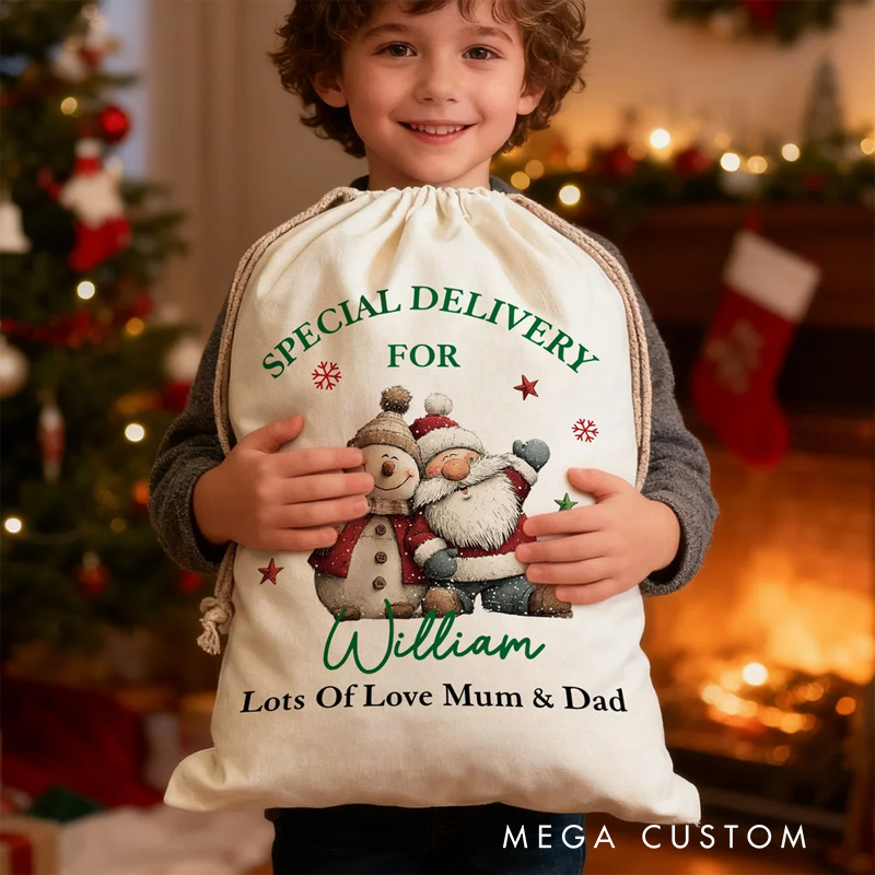 Personalized Santa Claus Snowman Reindeer Design Canvas Drawstring Gift Bag with Name Christmas Gift for Kids Family