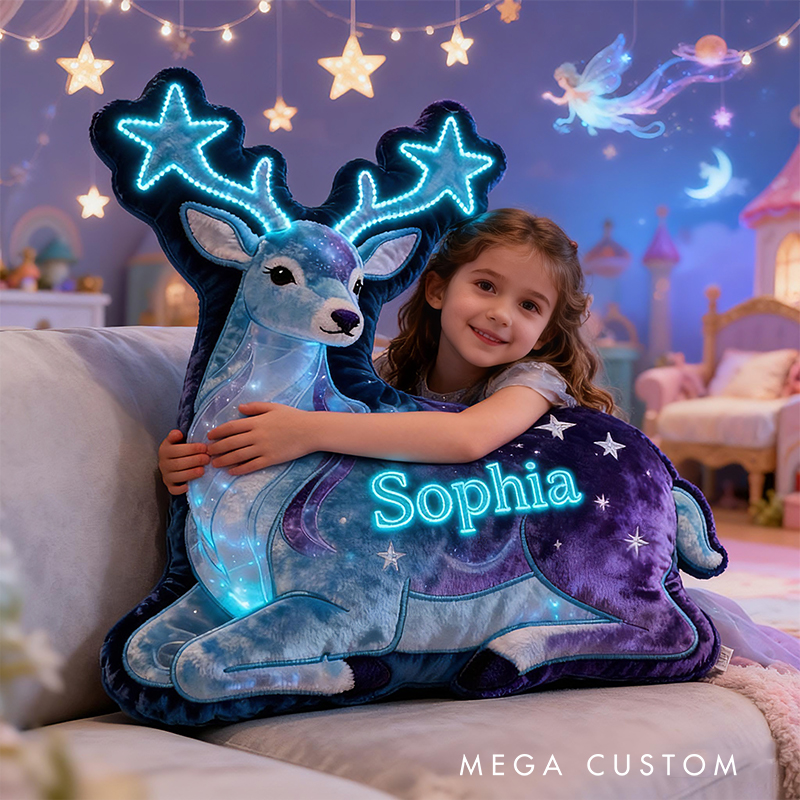 Personalized Star Deer Custom Name Soft Decorative Gift Magical Night Sky Style Cozy Bedroom Dream Galaxy Glow Enchanted Forest Fantasy Light Graphic 3D Print Pillow