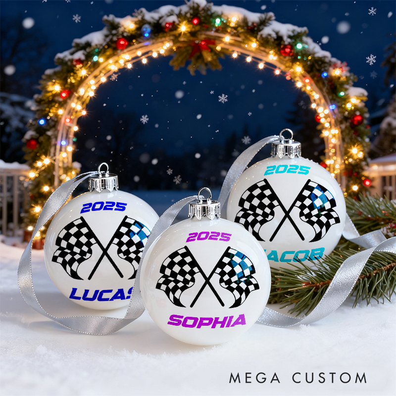 Personalized Racing Christmas Ornament Checkered Flag Ornament Set for Racers and Racing Lovers
