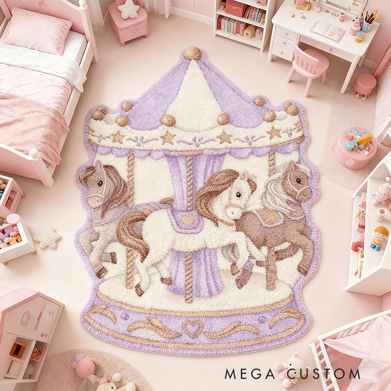 Personalized Carousel Horse Custom Name Soft Decorative Gift Magical Fairytale Style Cozy Nursery Pink Dream Lovely Ride Sweet Princess Room Graphic Carpet Rug for Kids