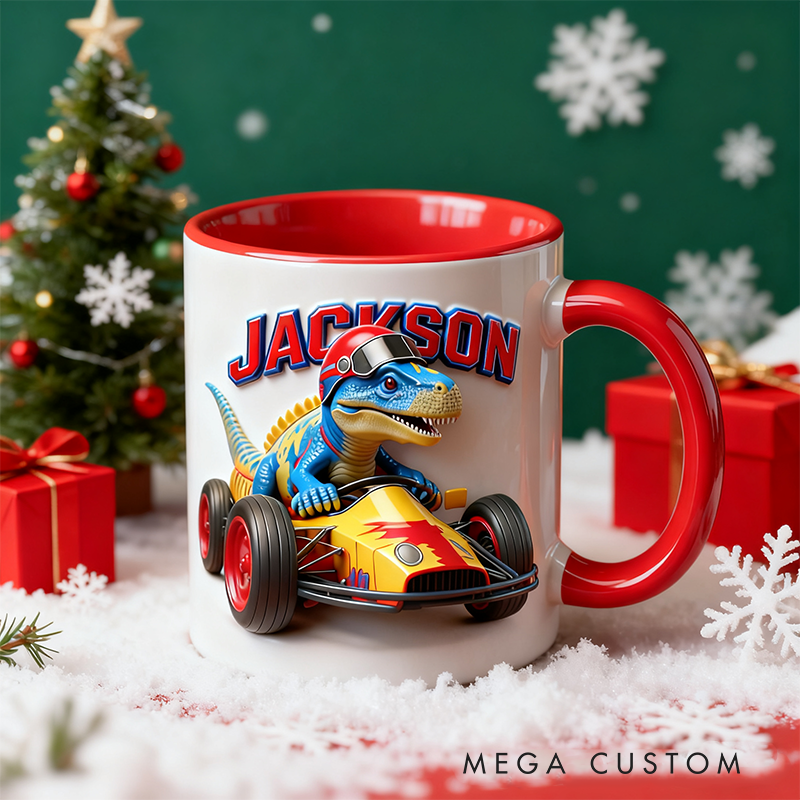 Personalized Dinosaur Race Car Mug Custom Name Christmas Gift for Vehicle Lovers