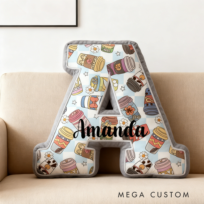 Personalized Coffee Themed Letter Shaped Pillow  Custom Name Design Gift
