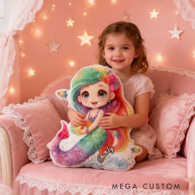 Personalized Colorful Mermaid with Name Graphic 3D Print Pillow Christmas Gift for Kids or Baby Birthday Gift