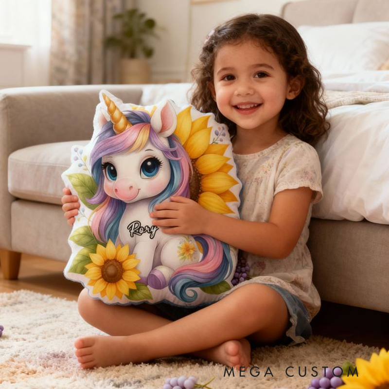 Personalized Cute Dream Horse and Sunflower with Name Graphic 3D Print Pillow Christmas Gift for Kids or Baby Birthday Gift