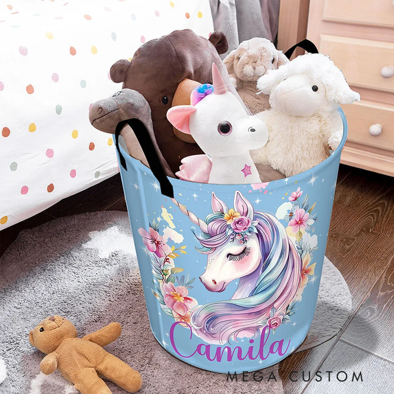 Personalized Dream Horse Name Large Toy Laundry Basket with Handle Waterproof Nursery Decoration Housewarming Gift for Kids