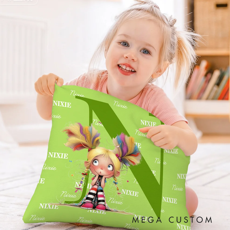 Personalized Multicolor Cute Cartoon Quirky Girl Soft Throw Pillow Cover with Name and Initial Home Decor Birthday Children's Day Gift for Girls