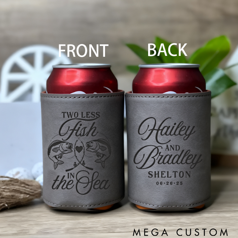 Personalized Fishing Can Cooler Custom Names and Time Two Less Fish in the Sea Design Perfect for Weddings Couples and Fishing Lovers