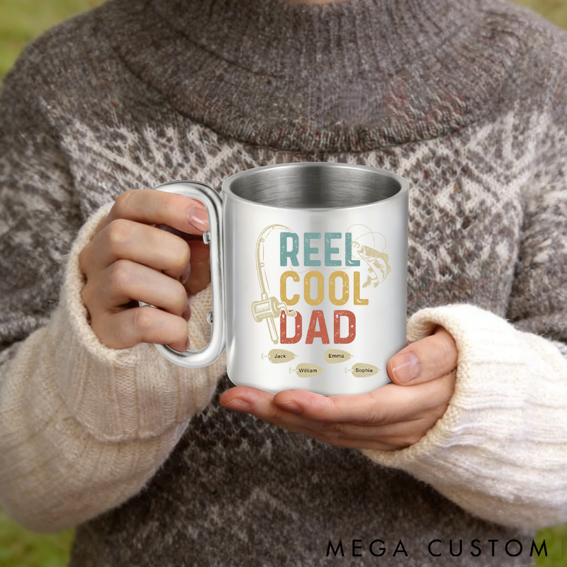 Personalized Fishing Mug Stainless Steel Cup with Carabiner Handle Custom Names Perfect Gift for Fishing Enthusiast Dads Grandpas