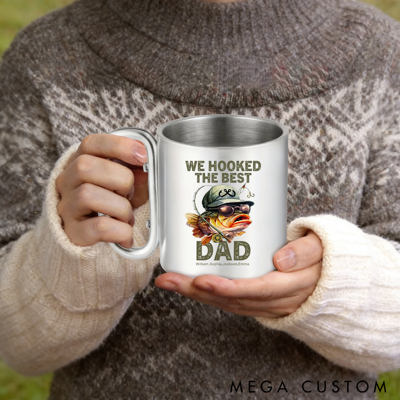 Personalized Stainless Steel Cup Funny Fishing Mug with Carabiner Handle Custom Names Perfect Gift for Fishing Enthusiast Dads Grandpas