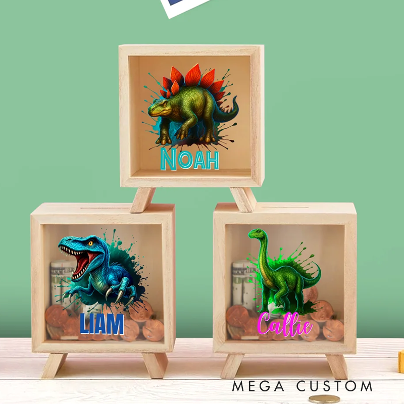 Personalised Ink-Splashed Dinosaur Wooden Clear Piggy Money Box with Name Birthday Gift for Kids Dinosaur Lovers