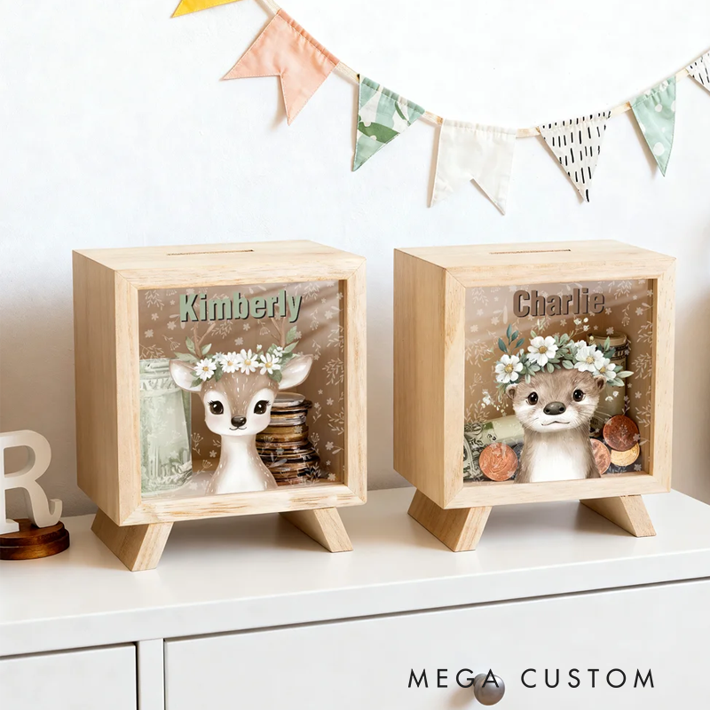 Personalised Cute Flower Wreath Animals Wooden Money Box Piggy Bank with Name Back to School Birthday Gift for Kids
