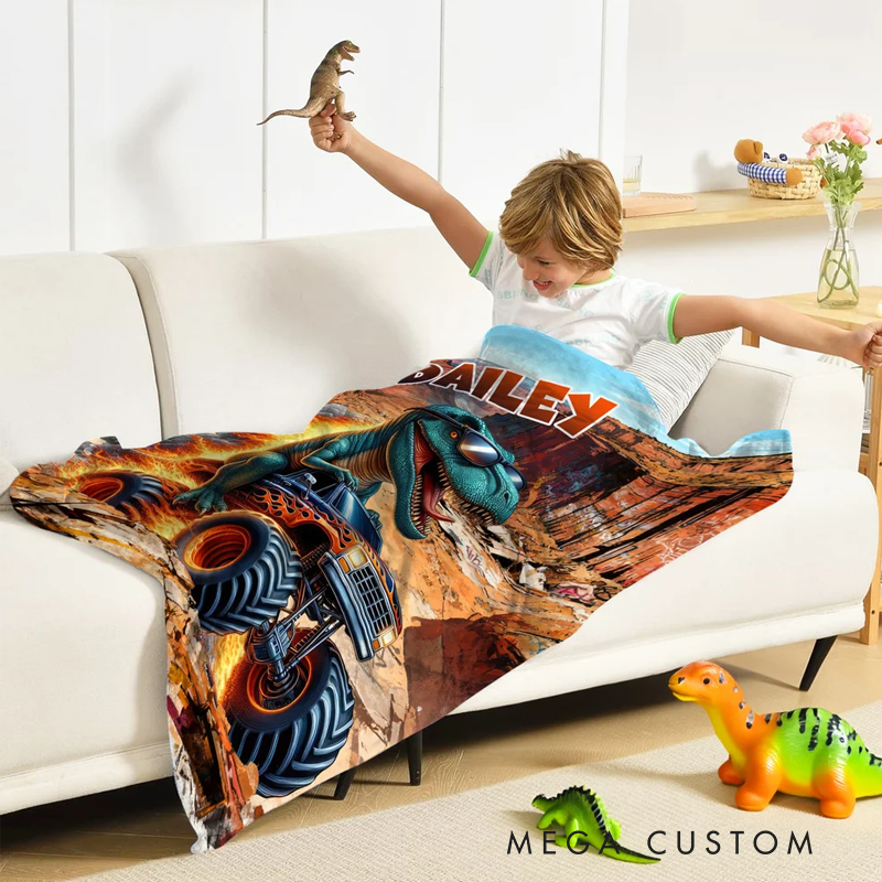 Personalized Monster Cheetah Lion Dinosaur Truck Soft Throw Blanket with Name Birthday Gift for Boys Kids Babies Truck Lovers