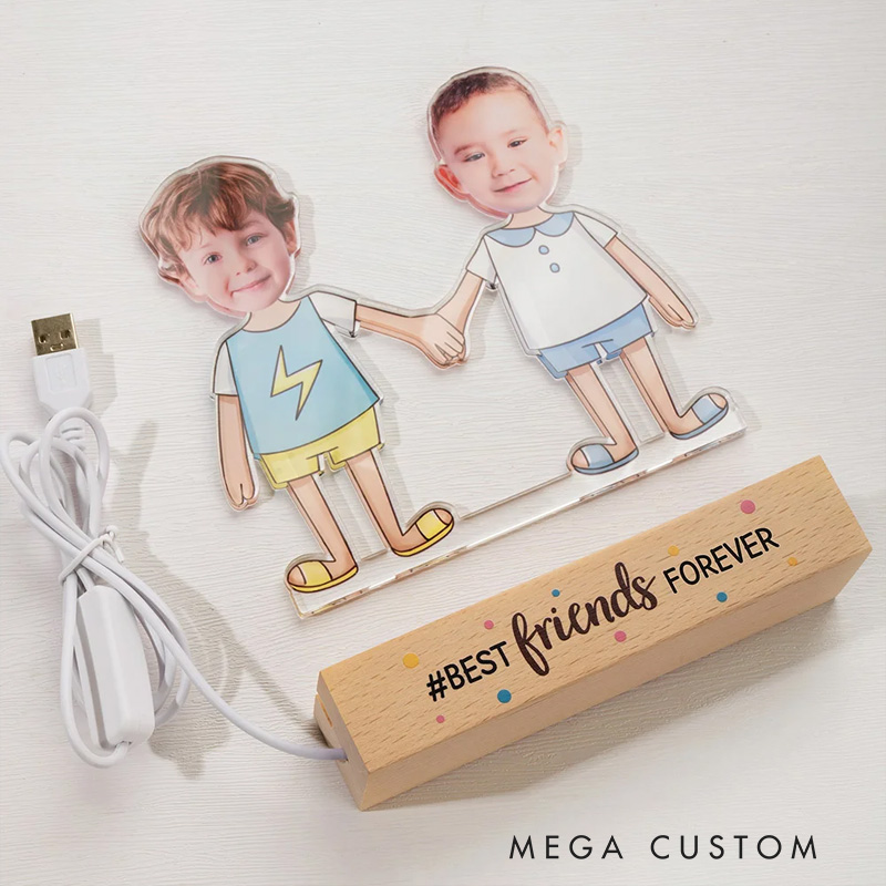 Personalized Kid Photos Best Friends Forever LED Night Light with Wooden Base Home Decor Friendship Birthday Gift for Boys Girls