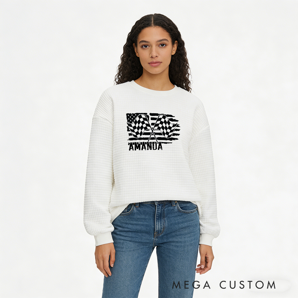 Personalized Waffle Knit Sweatshirt for Racing Lovers with Custom Name and Flag Design Gift