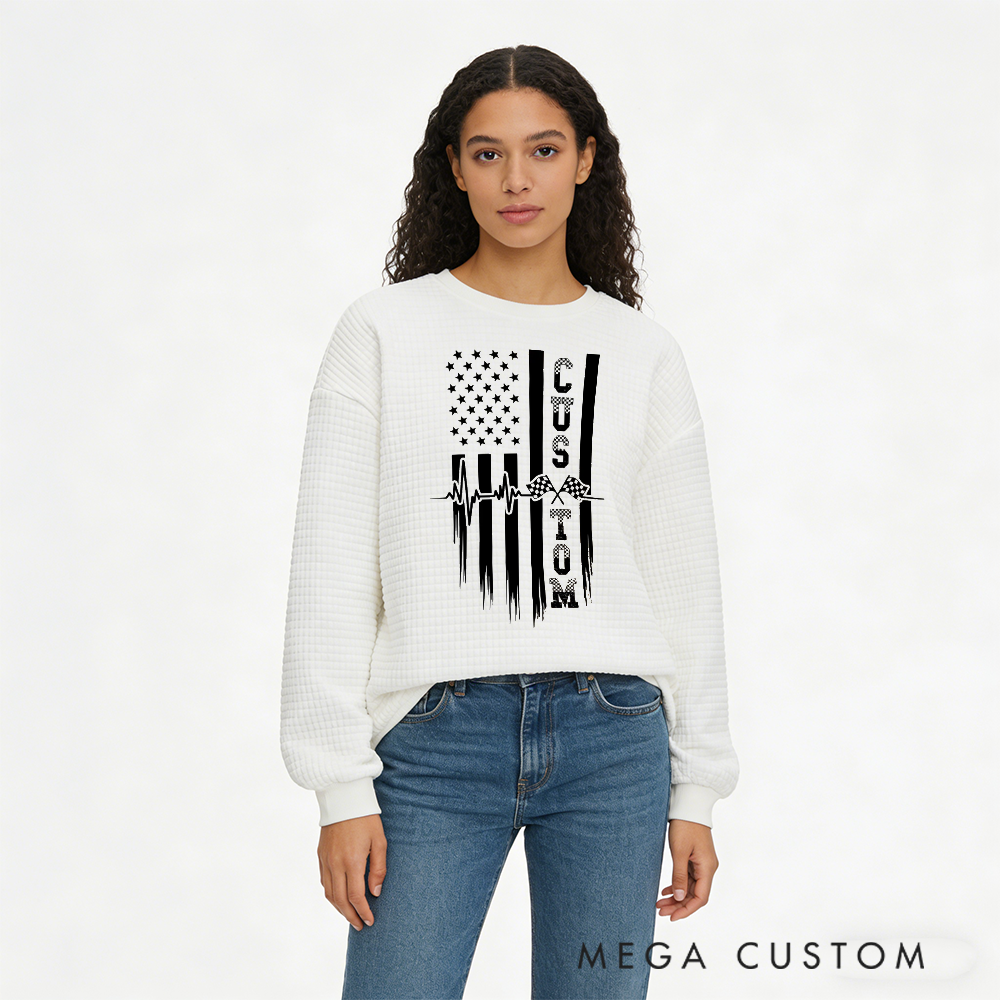 Personalized Waffle Knit Sweatshirt for Racing Enthusiasts with Custom Flag and Heartbeat Design Gift