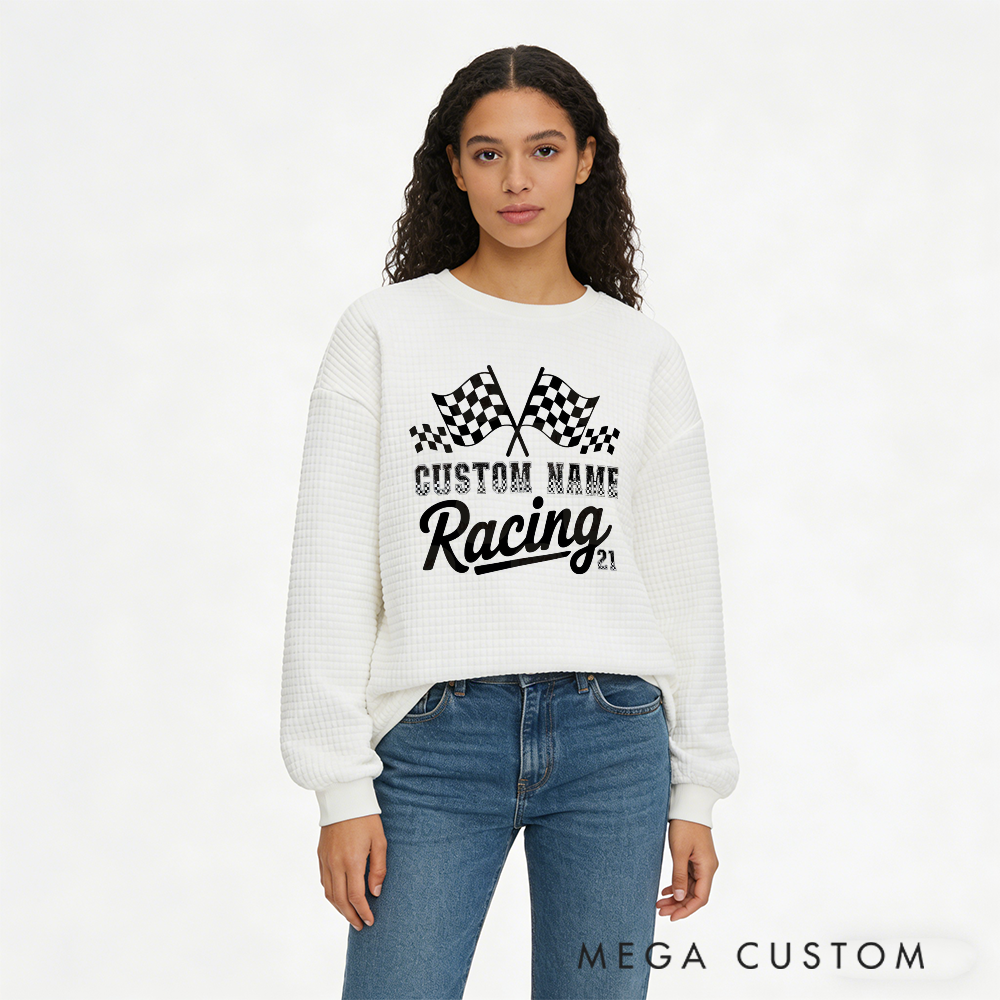 Personalized Waffle Knit Sweatshirt for Racing Fans with Custom Name and Checkered Flag Design Gift