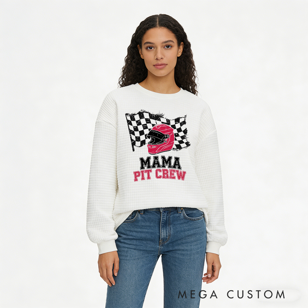 Personalized Waffle Knit Sweatshirt for Racing Moms with Custom Mama Pit Crew Helmet Design Gift
