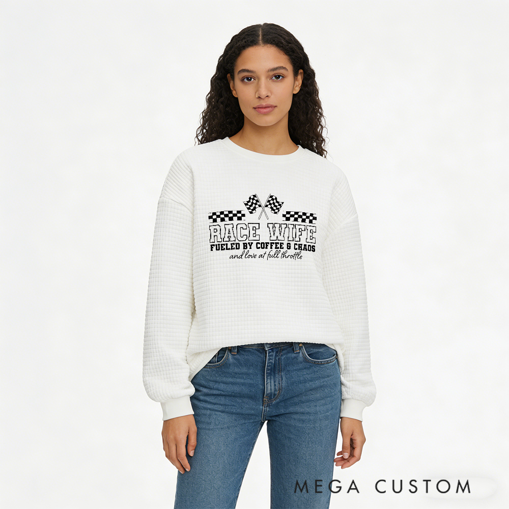 Personalized Waffle Knit Sweatshirt for Racing Wives with Custom Race Wife Coffee and Chaos Design Gift