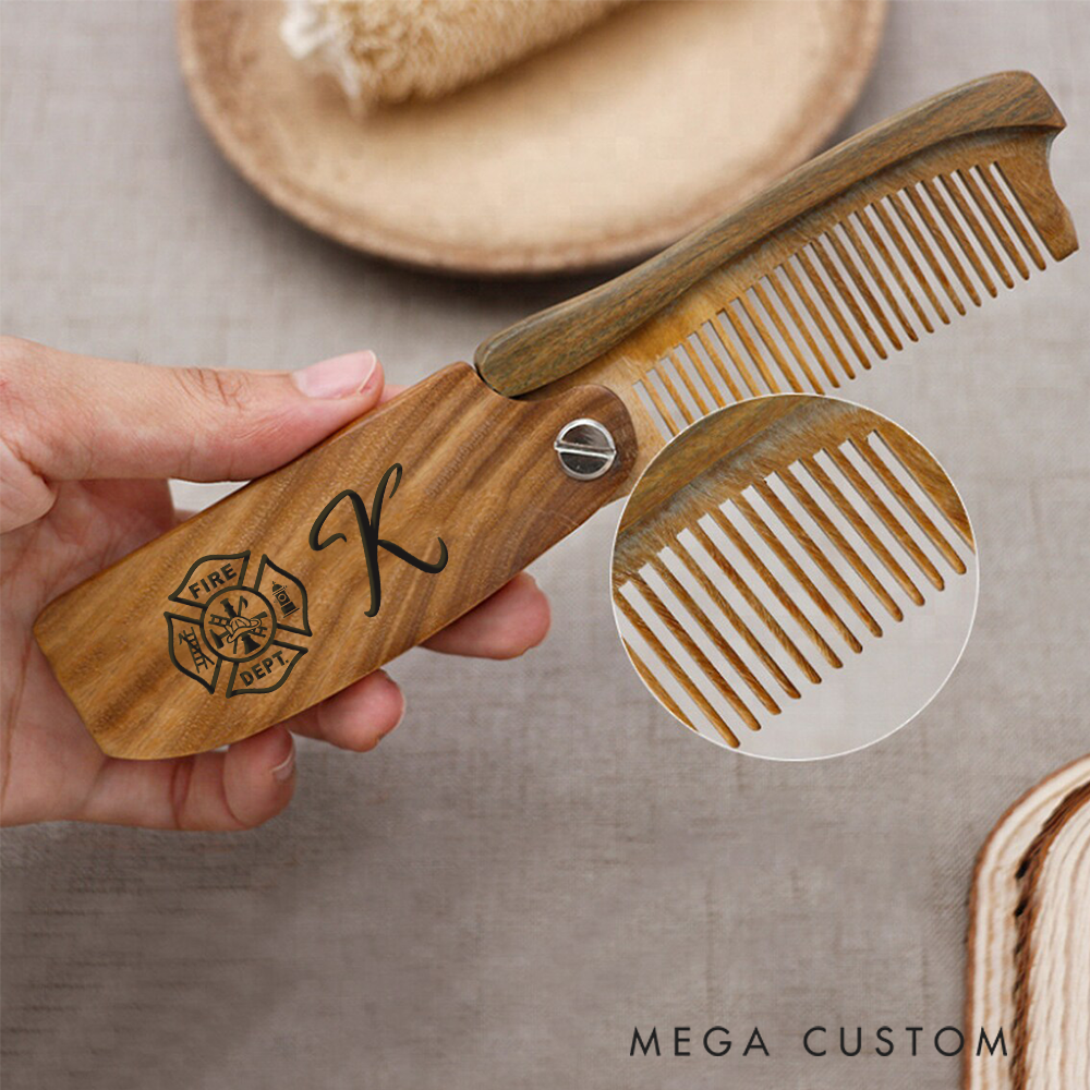 Personalized Wooden Beard Comb Firefighter Design with Custom Initial Gift