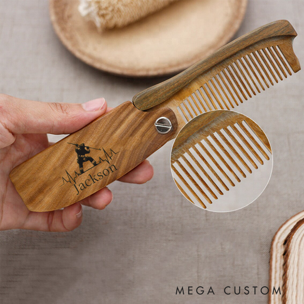 Personalized Wooden Beard Comb Firefighter Silhouette with Custom Name Gift