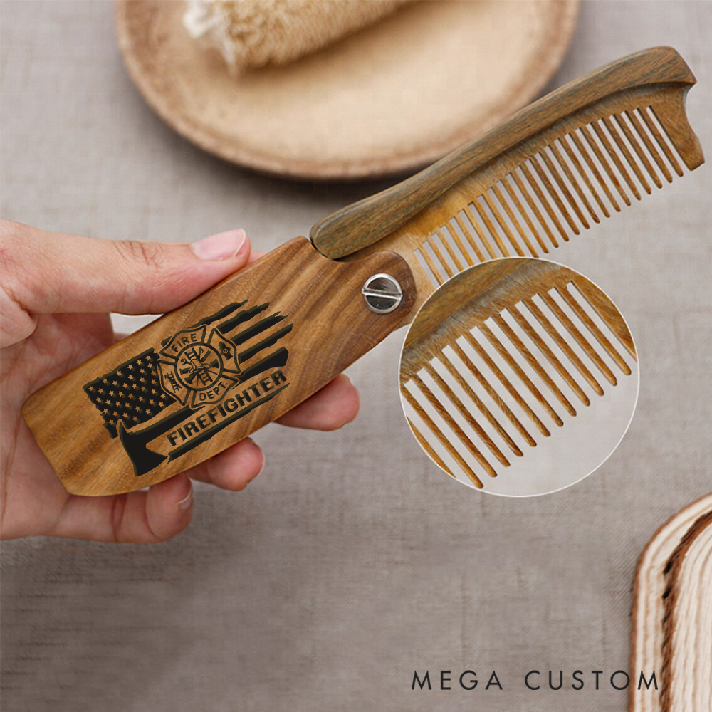 Personalized Wooden Beard Comb Firefighter Emblem with American Flag Design