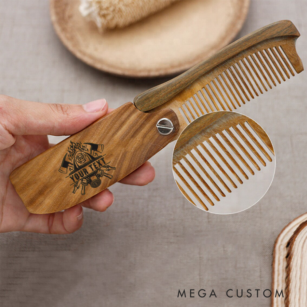 Personalized Wooden Beard Comb Custom Firefighter Design with Engraved Text