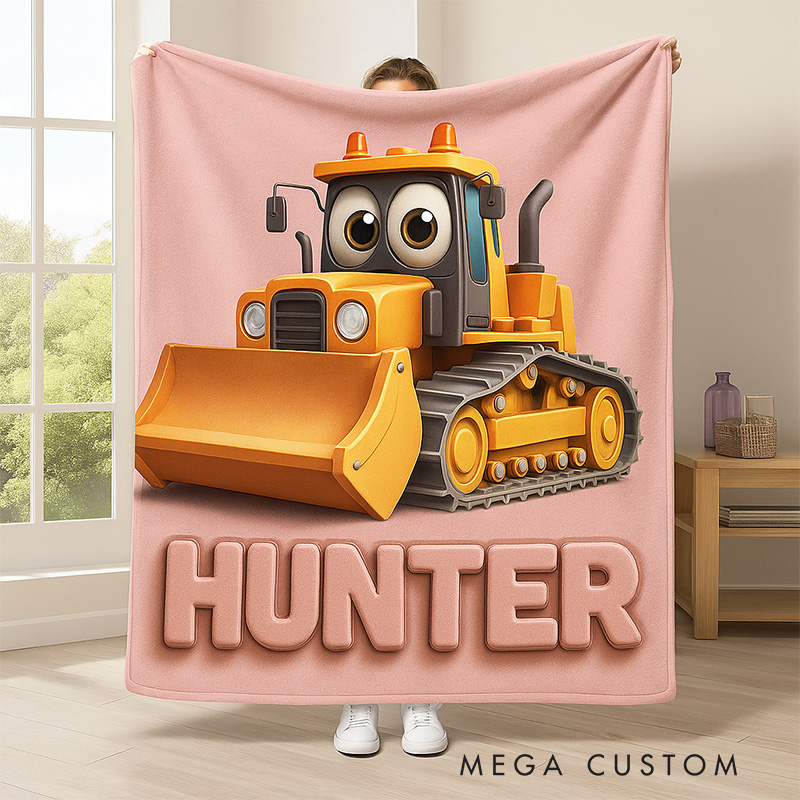 Personalized Cute Bulldozer Theme Custom Name Fun Construction Vehicle Kids Cozy Blanket Blanket